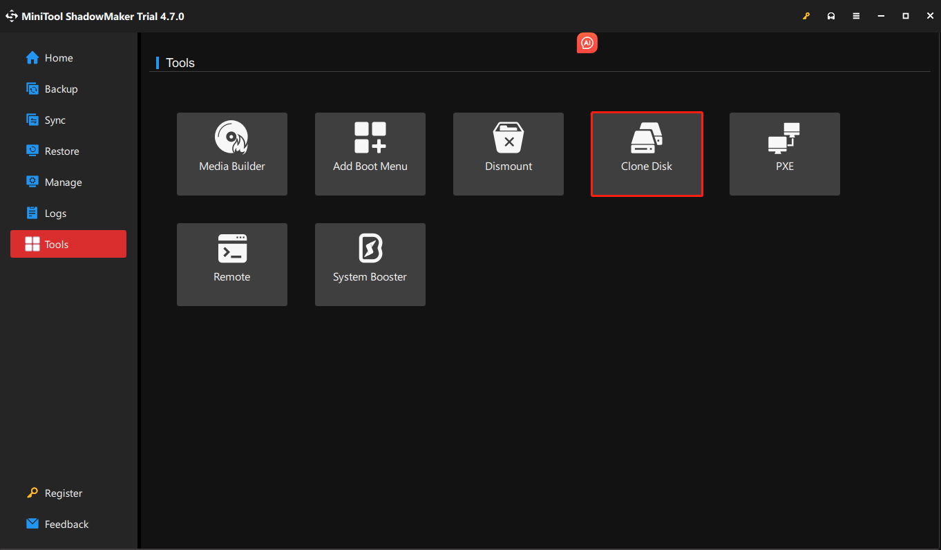select Clone Disk in the Tools page