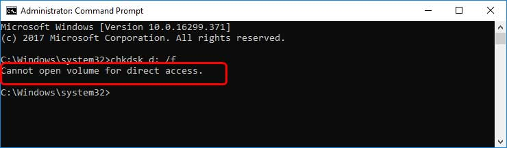 CHKDSK cannot open volume for direct access