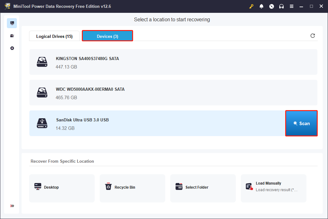 select the USB drive to scan in MiniTool Power Data Recovery