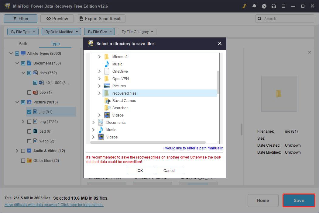 save the ticked files to a new location in MiniTool Power Data Recovery