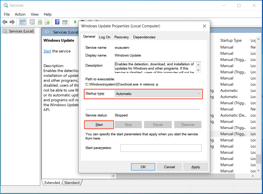 set startup type of Windows Update service to automatic