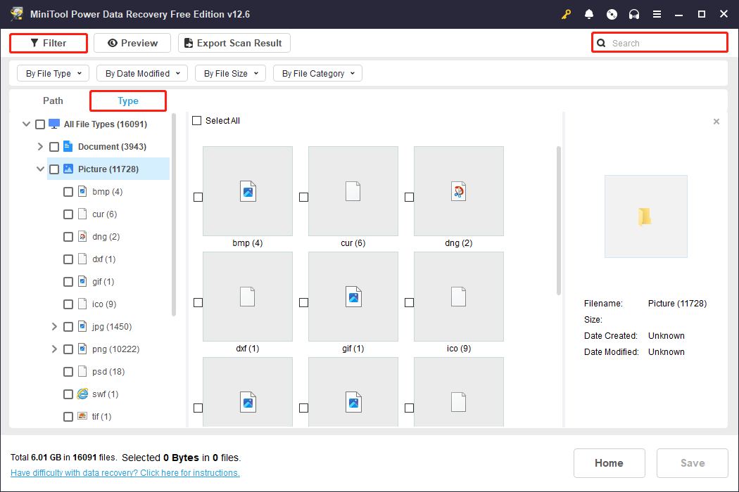 use Type, Filter, or Search to find the files in MiniTool Power Data Recovery