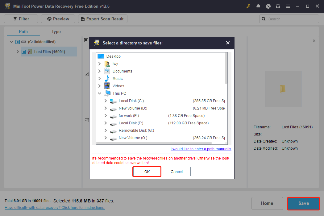 recover the files to a new location using MiniTool Power Data Recovery