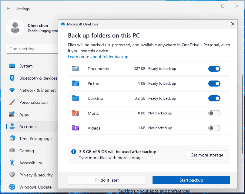Windows 11 copia de seguridad de archivos a OneDrive
