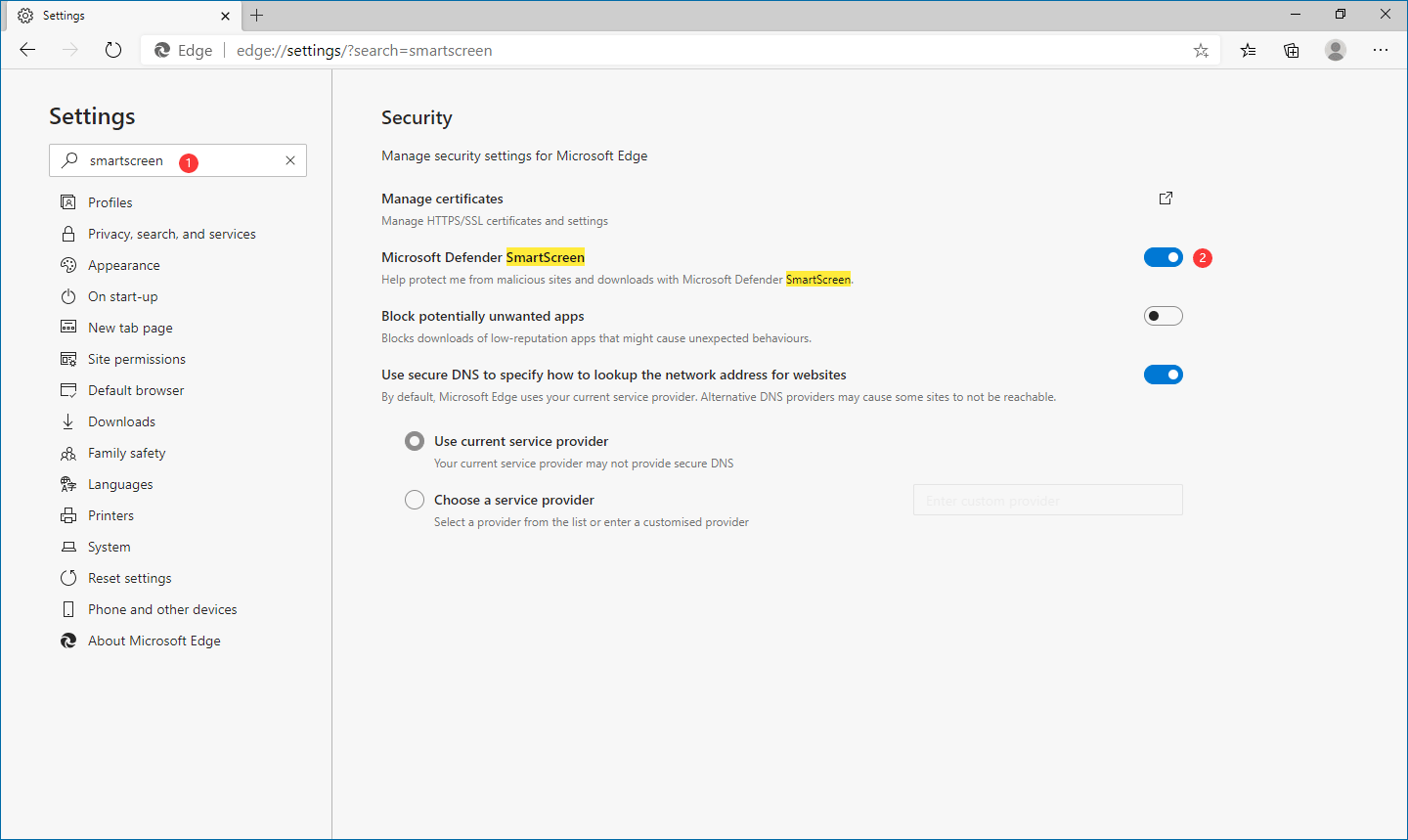 ative o botão Microsoft Defender SmartScreen