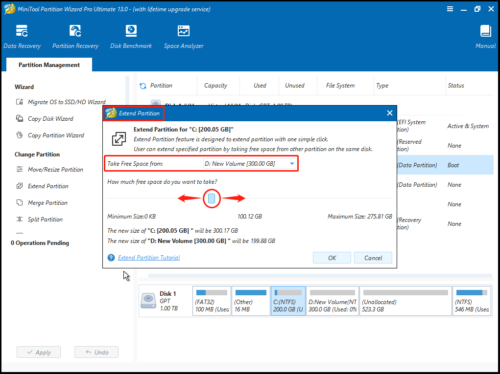 extend system drive with MiniTool Partition Wizard