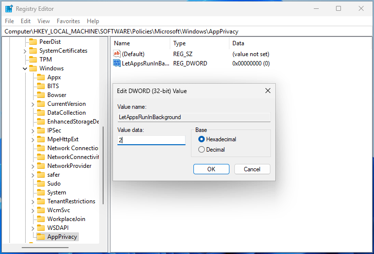 disable background apps via Registry Editor