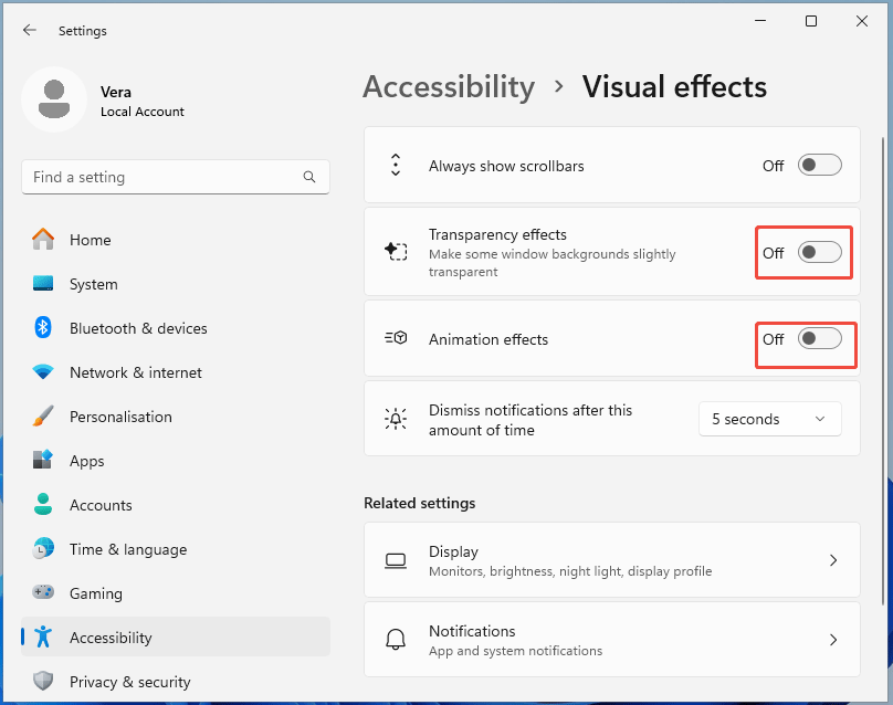 disable Windows 11 visual effects