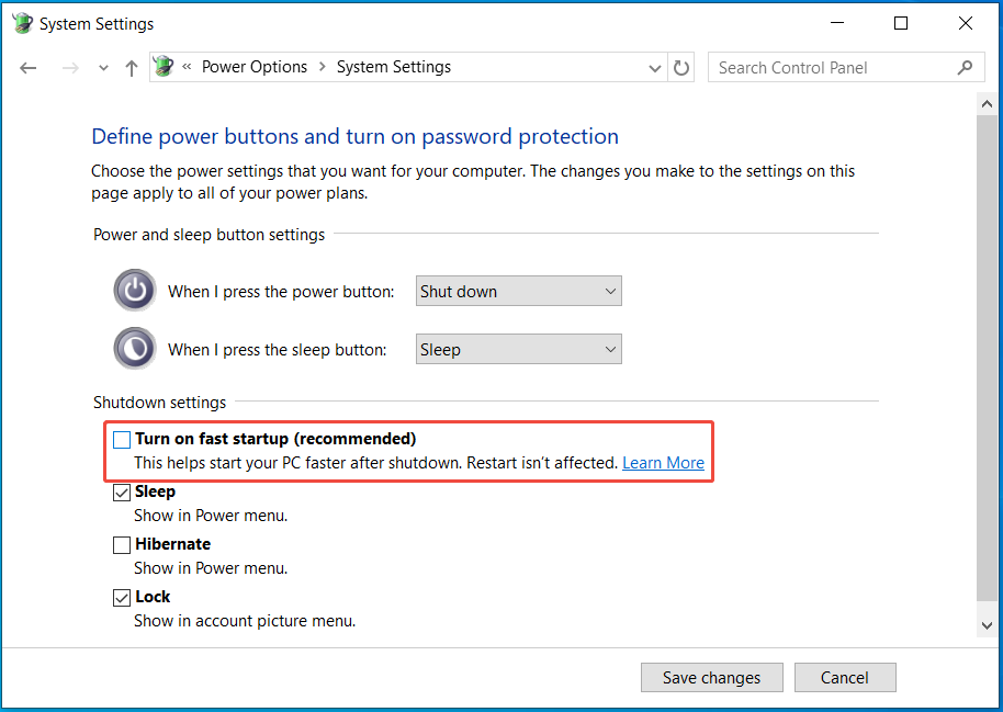 disable Windows 10 fast startup