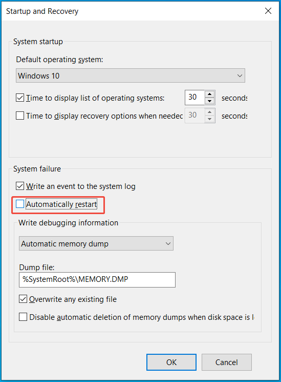 disable automatic restart