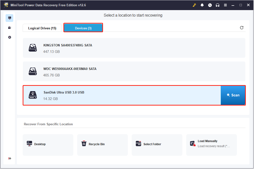 selecione a unidade USB a digitalizar no MiniTool Power Data Recovery