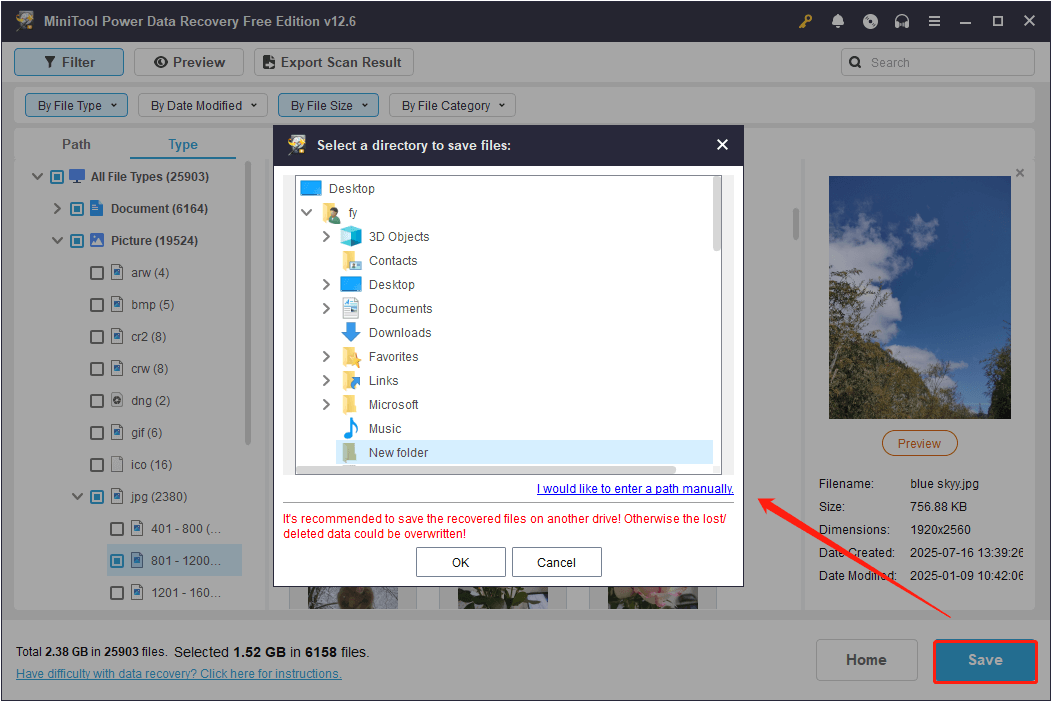 guarde os ficheiros recuperados num local seguro no MiniTool Power Data Recovery