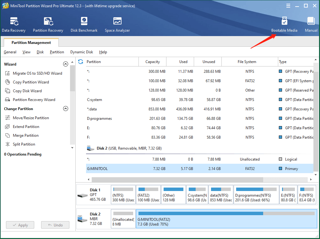 Select Bootable Media in MiniTool Partition Wizard (en inglés)
