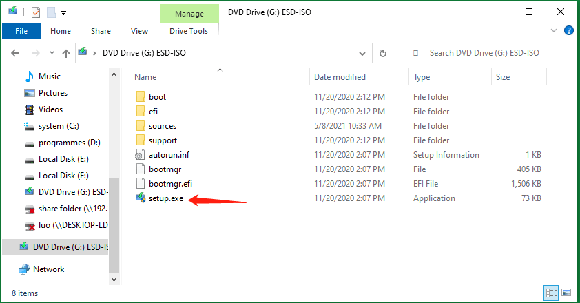 Haga clic en setup.exe en el archivo ISO montado