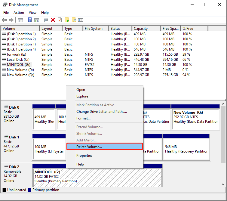 delete a partition in Disk Management