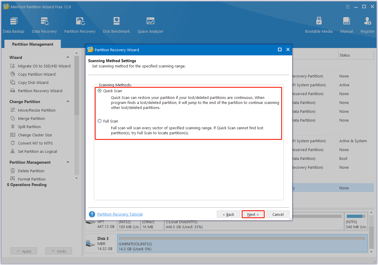select a scanning method in MiniTool Partition Wizard