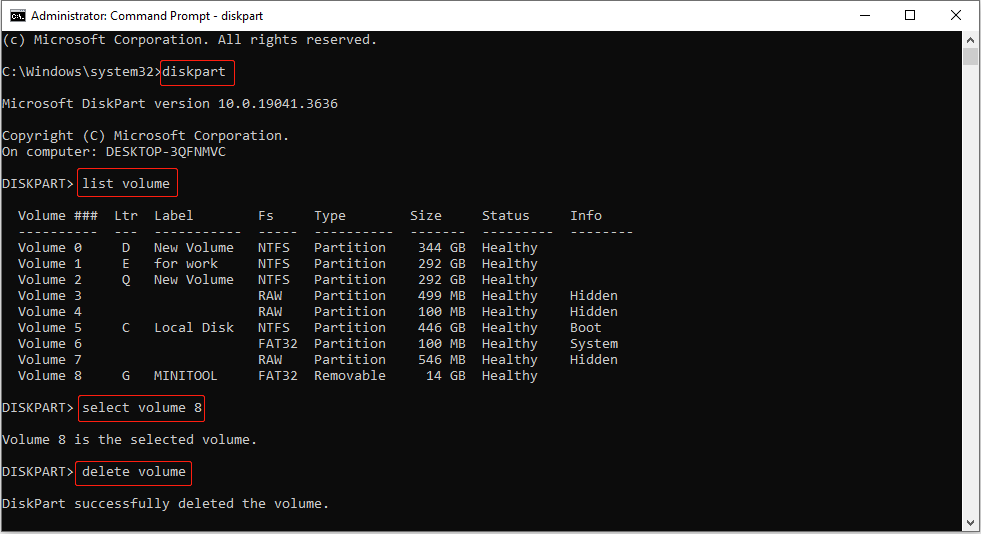 delete partition with the volume command