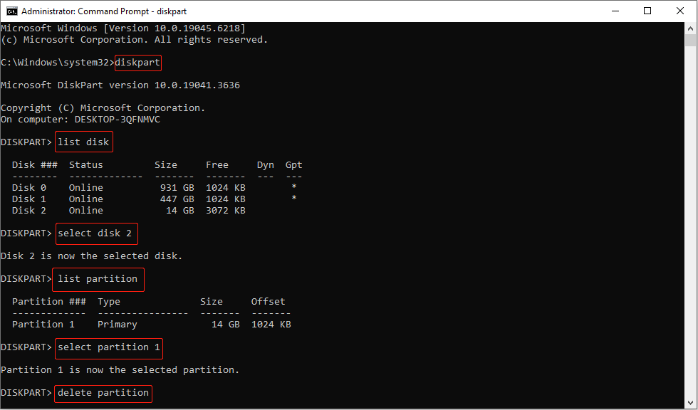 delete partition with the partition command