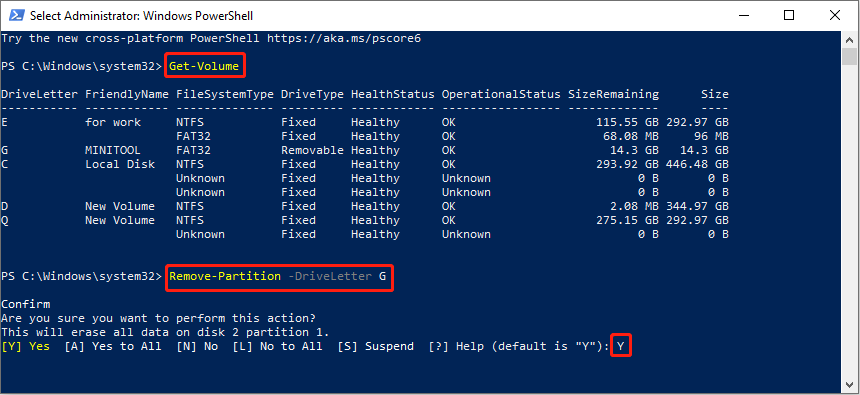 remove a partition using Windows PowerShell