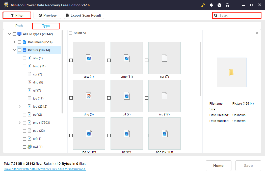 find the target files using Type, Filter, Search among the scan results