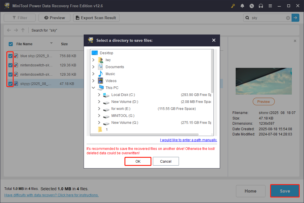 save files to a new and safe location using MiniTool Power Data Recovery