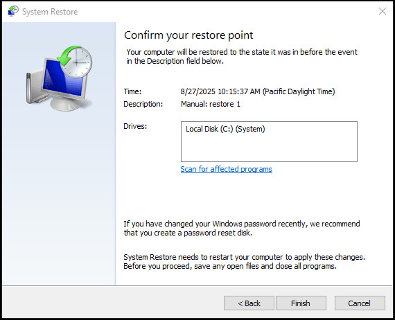 system restore in Safe Mode