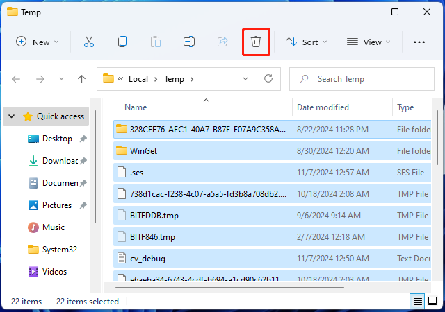 apague todos os ficheiros na pasta temporária