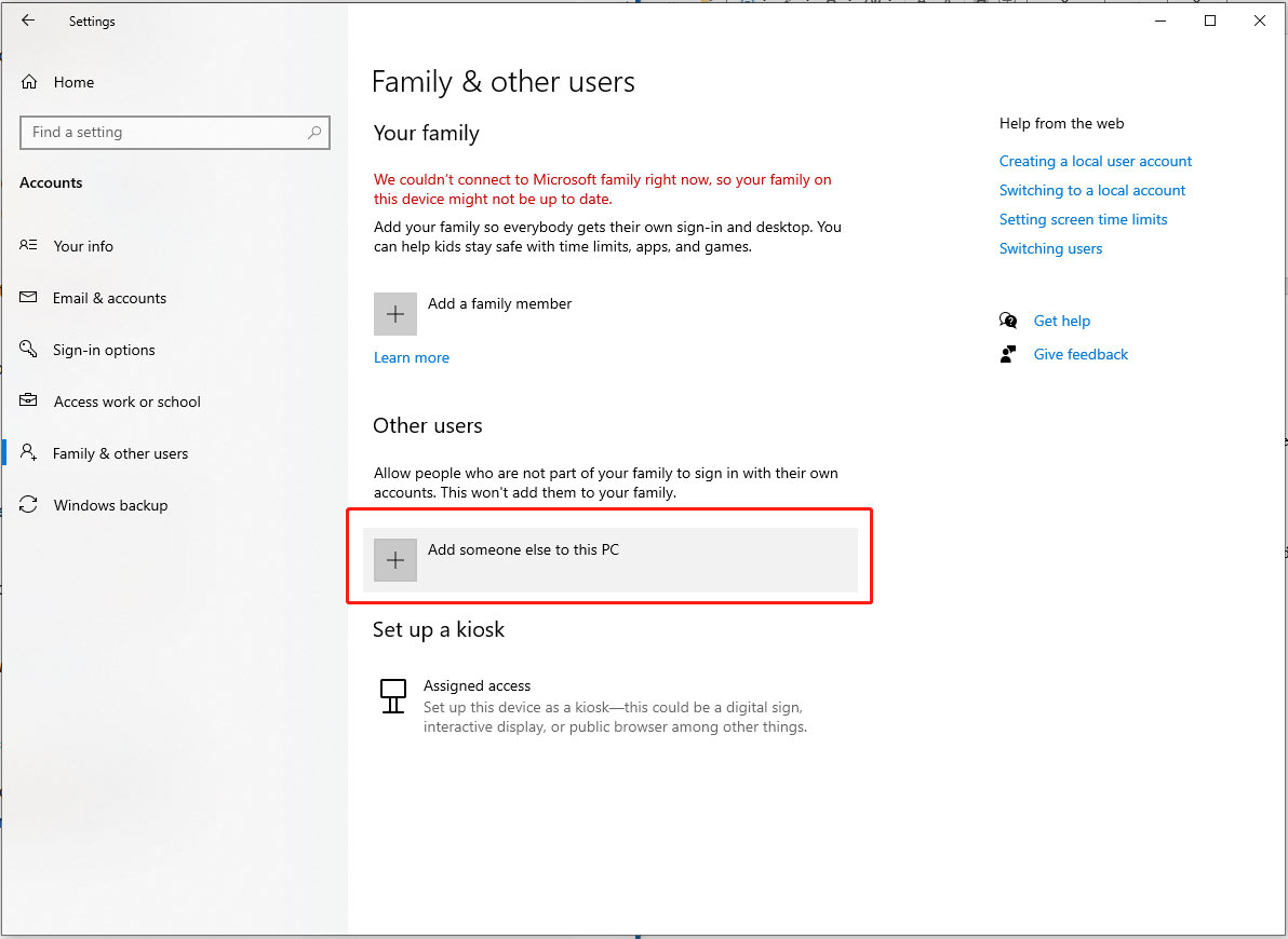 click Add someone else to this PC under Other users