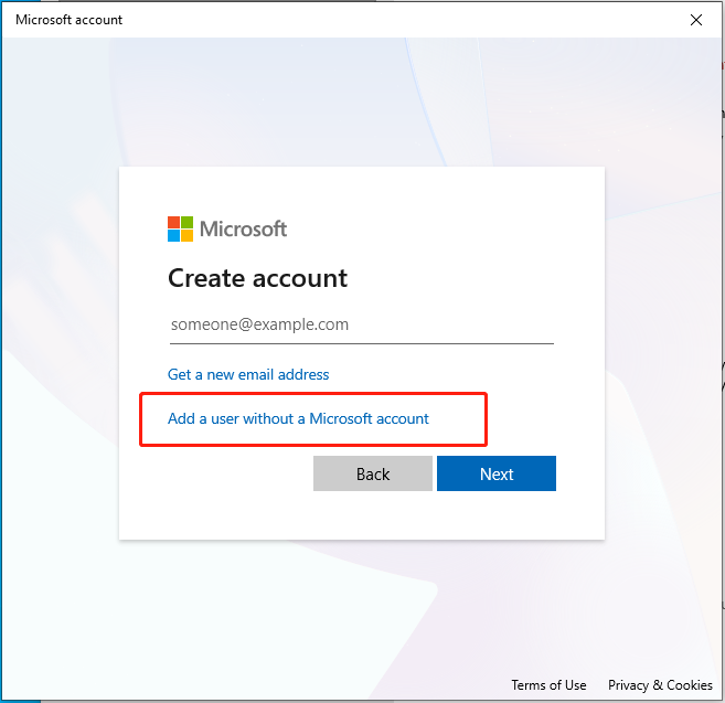 click Add a user without a Microsoft account