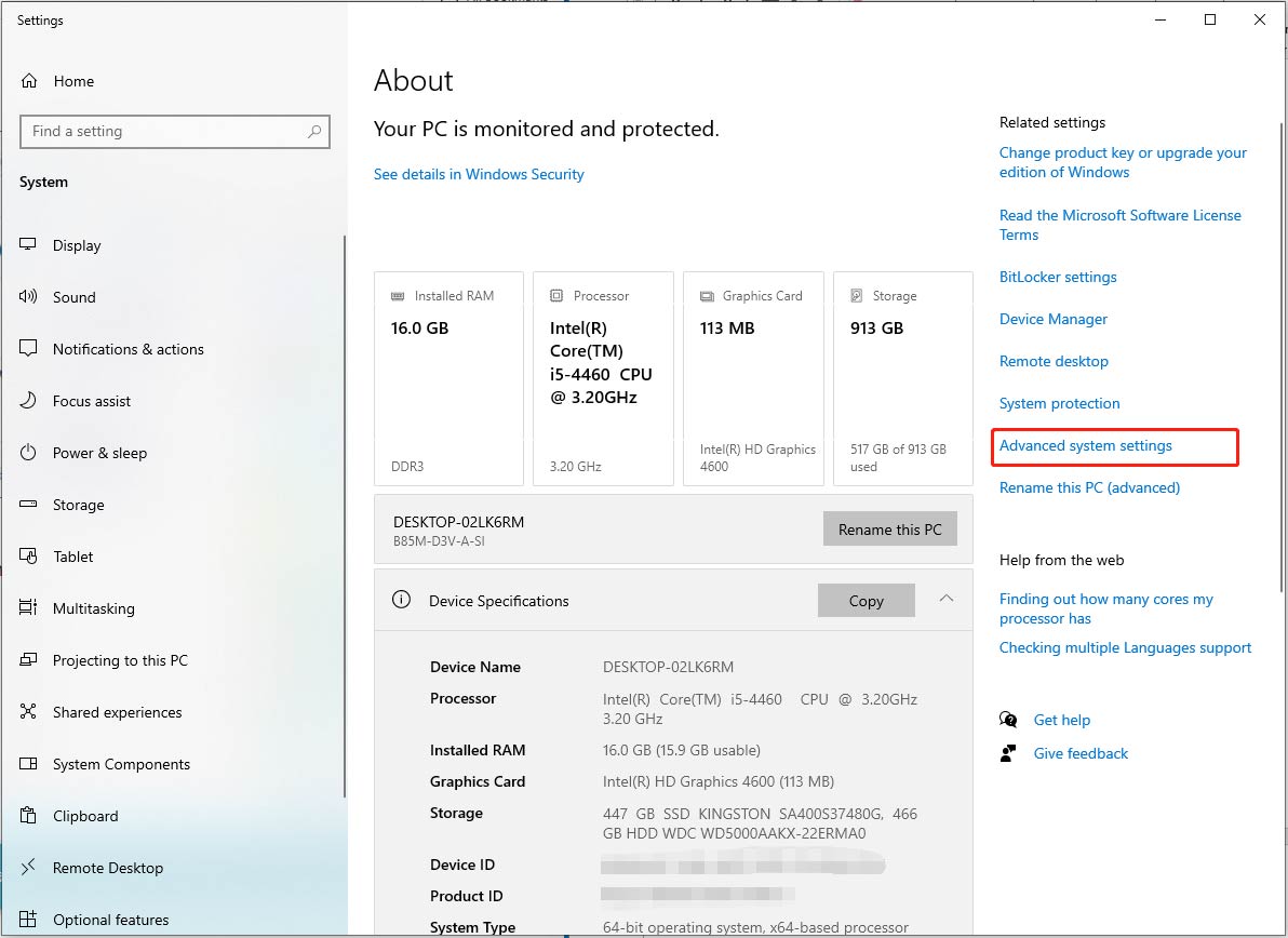 select Advanced system settings in the right pane