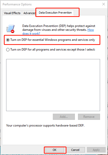 select Turn on DEP for essential Windows programs and services only