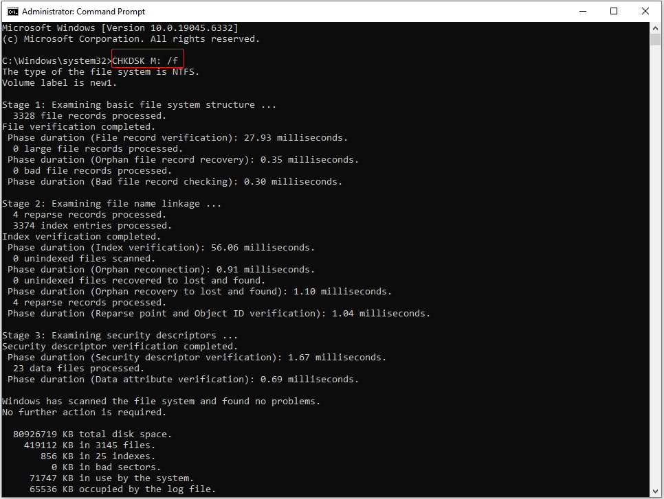run CHKDSK M: /f to repair file system errors in Command Prompt