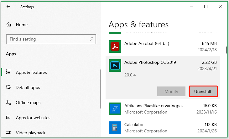Désinstaller le programme sous Windows 10