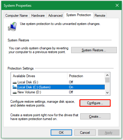 Cliquez sur « Configurer » sous « Paramètres de protection »