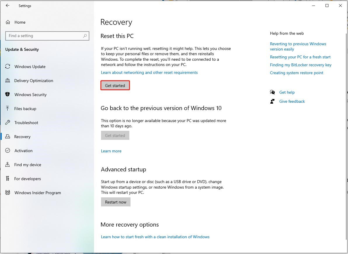 click Get started under Reset this PC