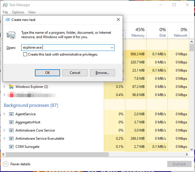 type explorer.exe in the Create new task box
