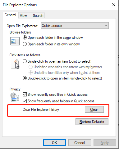 click on Clear to clean up File Explorer history