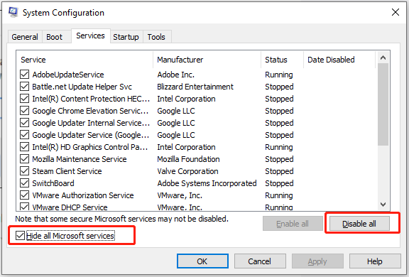 check Hide all Microsoft services at the bottom and click Disable all