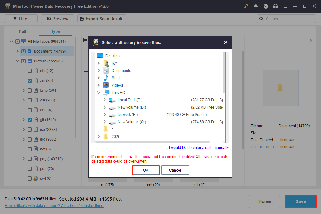 recover files to a safe location using MiniTool Power Data Recovery