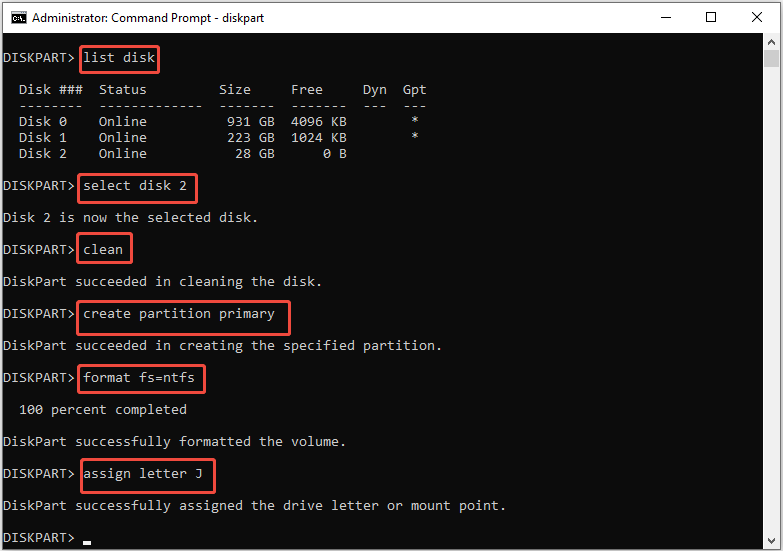 run the commands to format the USB drive