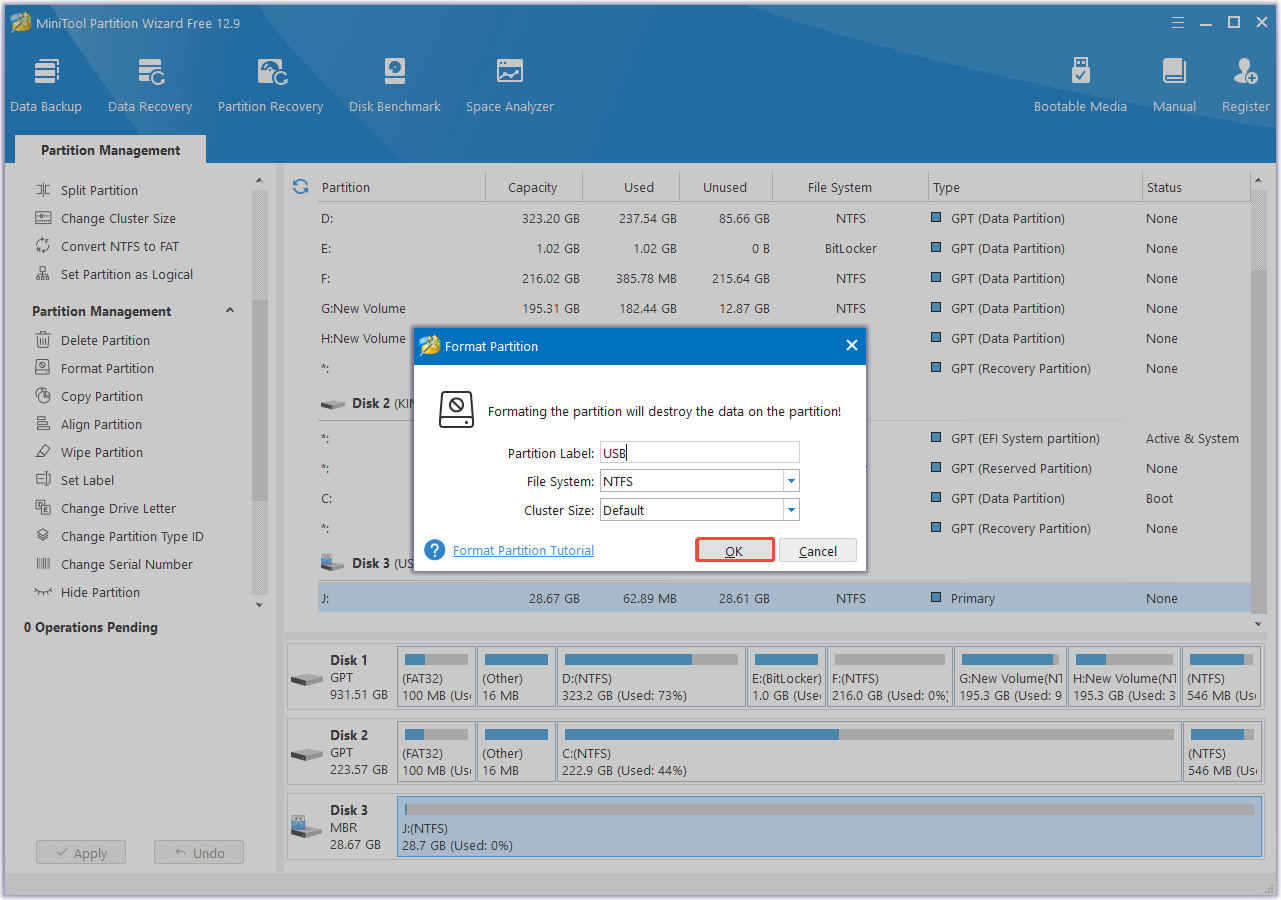 click OK to format the USB in MiniTool Partition Wizard
