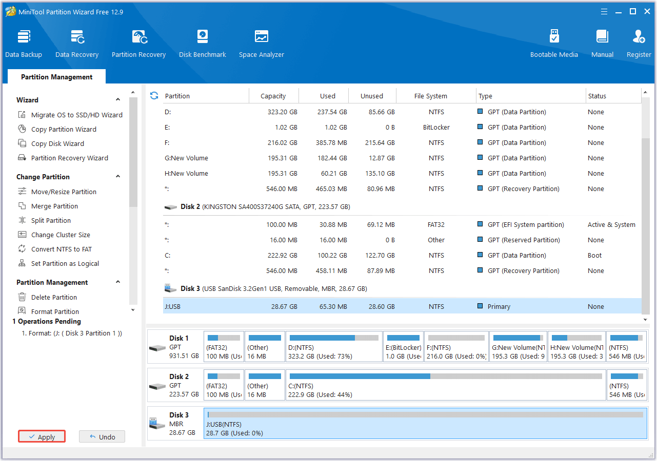 click the Apply button in MiniTool Partition Wizard