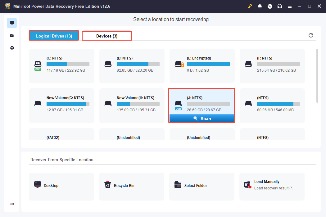 select the USB to scan via MiniTool Power Data Recovery