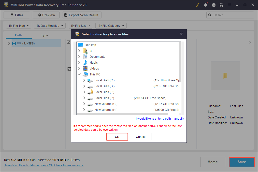 select a safe location and click OK to recover files via MiniTool Power Data Recovery