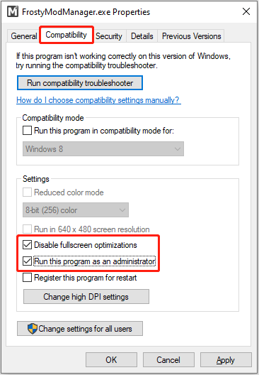 run Frosty Mod Manager as administrator and disable fullscreen optimizations