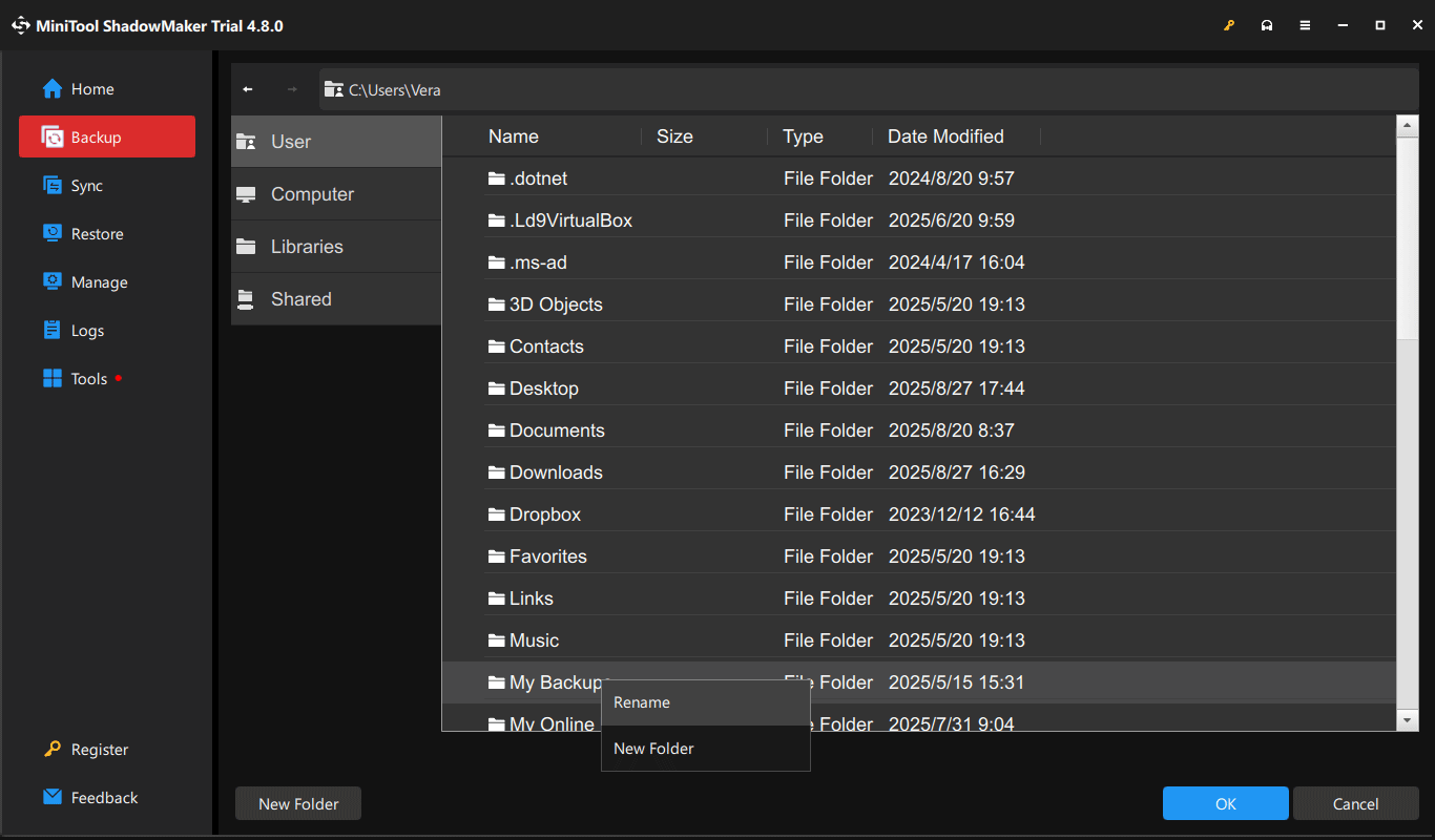 back up to a folder