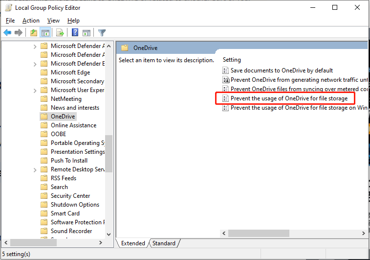 choose Prevent the usage of OneDrive for file storage