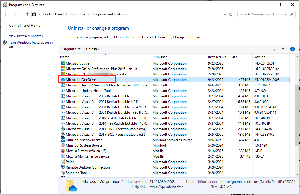 uninstall Microsoft OneDrive in Control Panel