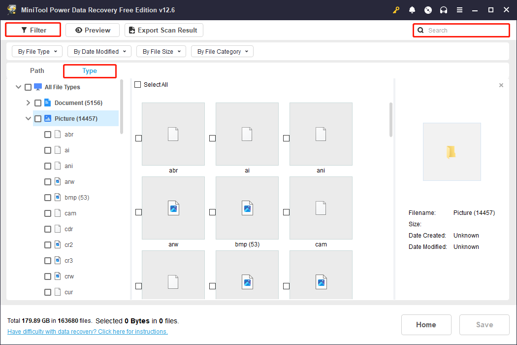 find the files using various features in the scan results page of MiniTool Power Data Recovery