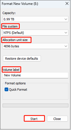 format the hard drive with File Explorer